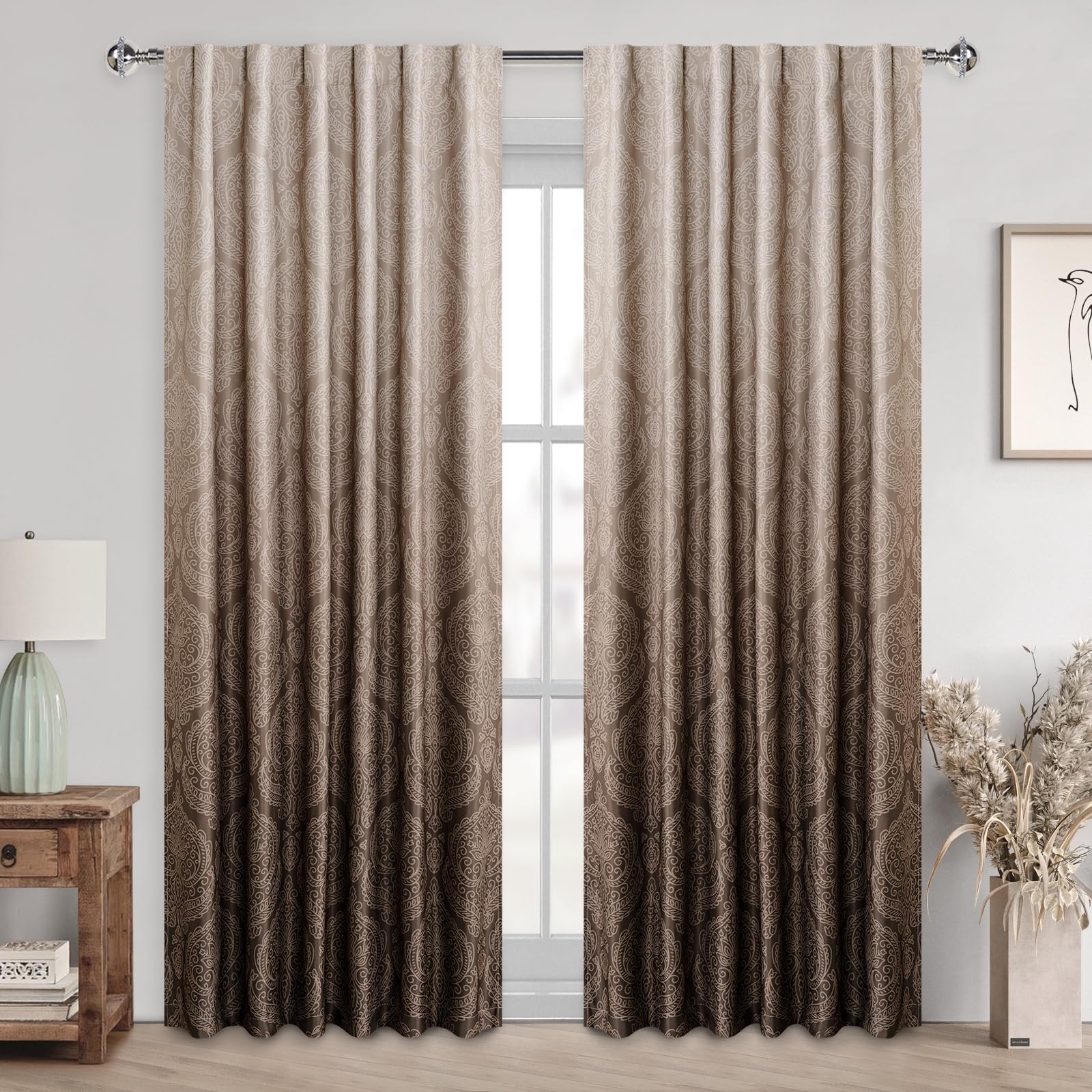 Set of two DWCN Official blackout curtains with ombre black design and tiebacks, hanging in a living room window.