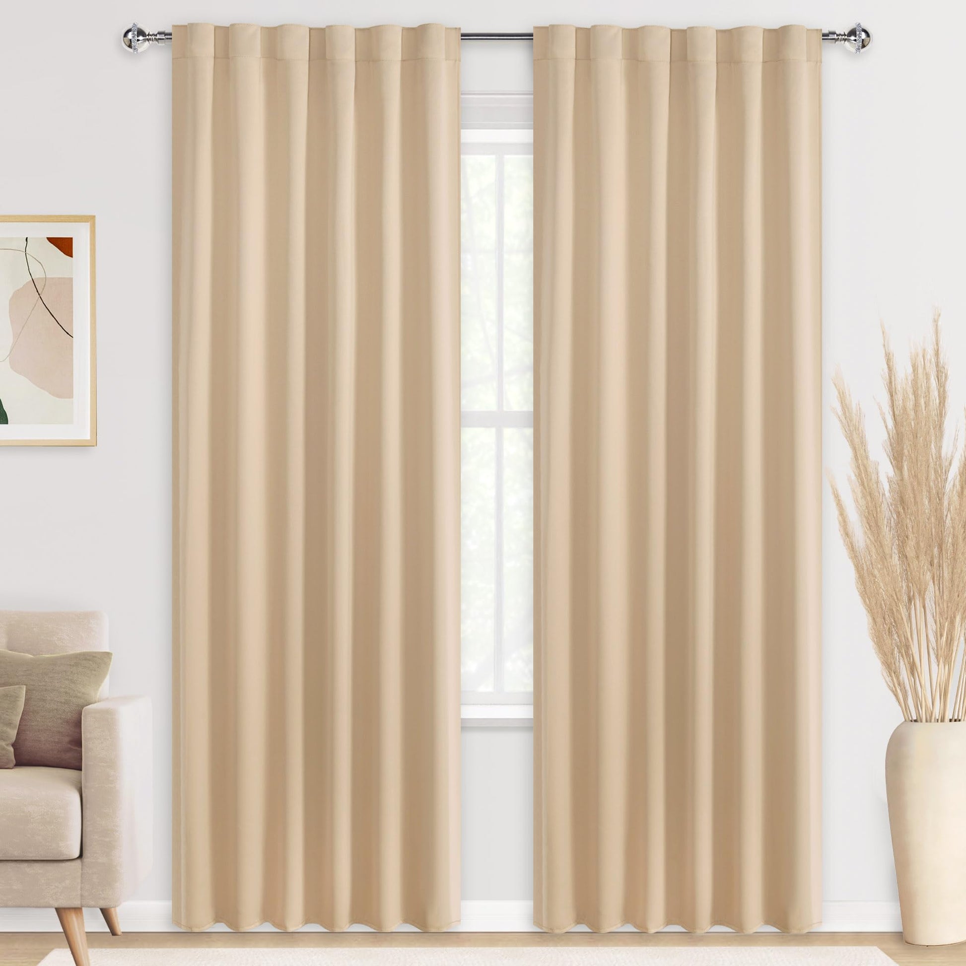 Pair of DWCN Blackout Curtains with tiebacks, rod pocket and back tab design, set of 2 panels hanging on a window.
