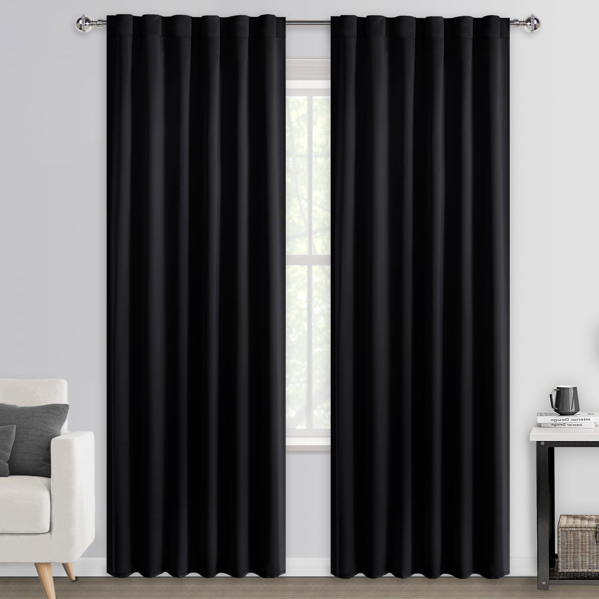 Pair of DWCN Blackout Curtains with tiebacks, rod pocket and back tab design, set of 2 panels for bedroom or living room window.