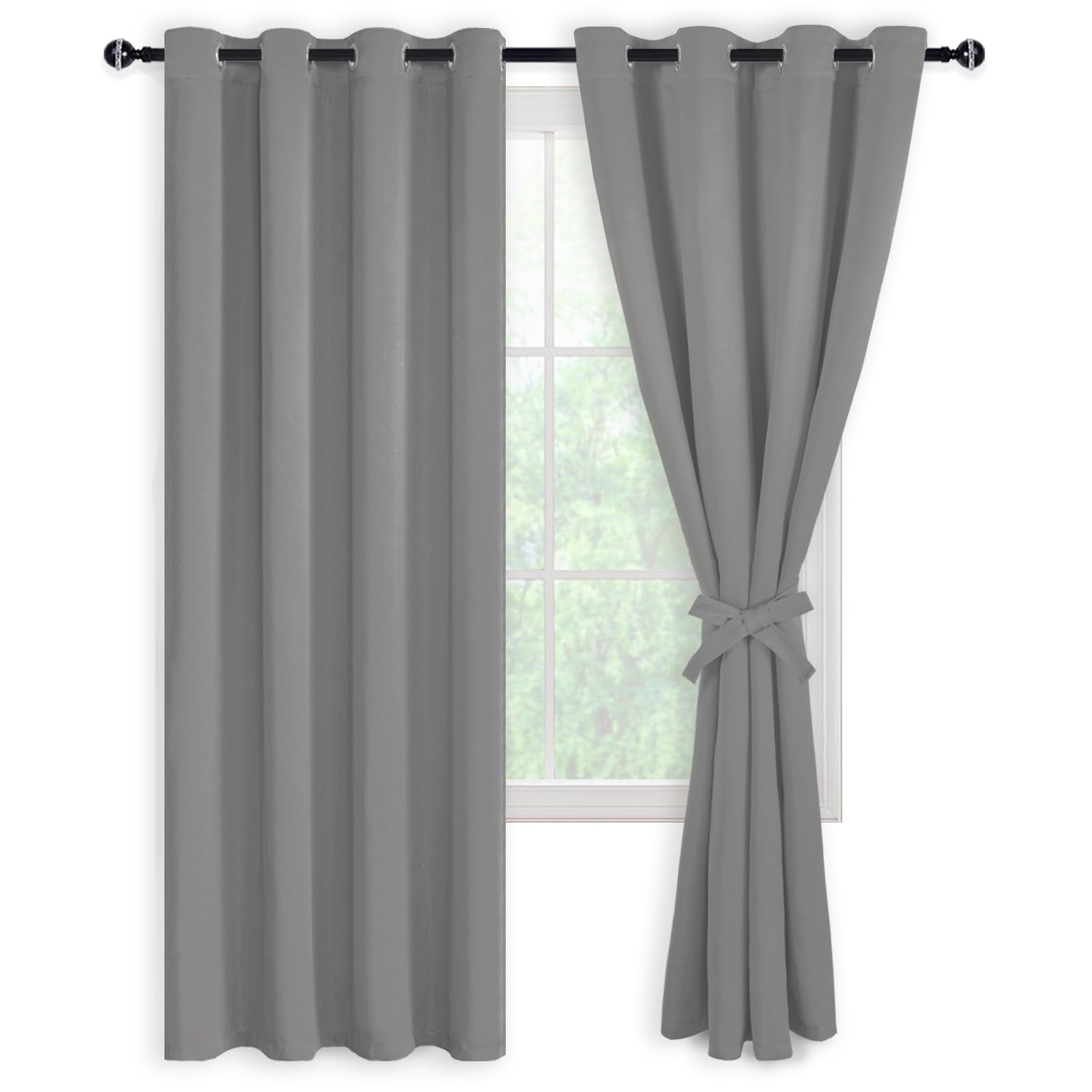 Pair of DWCN Blackout Curtains with tiebacks, set of 2 panels, showing dark fabric and stylish tieback details.