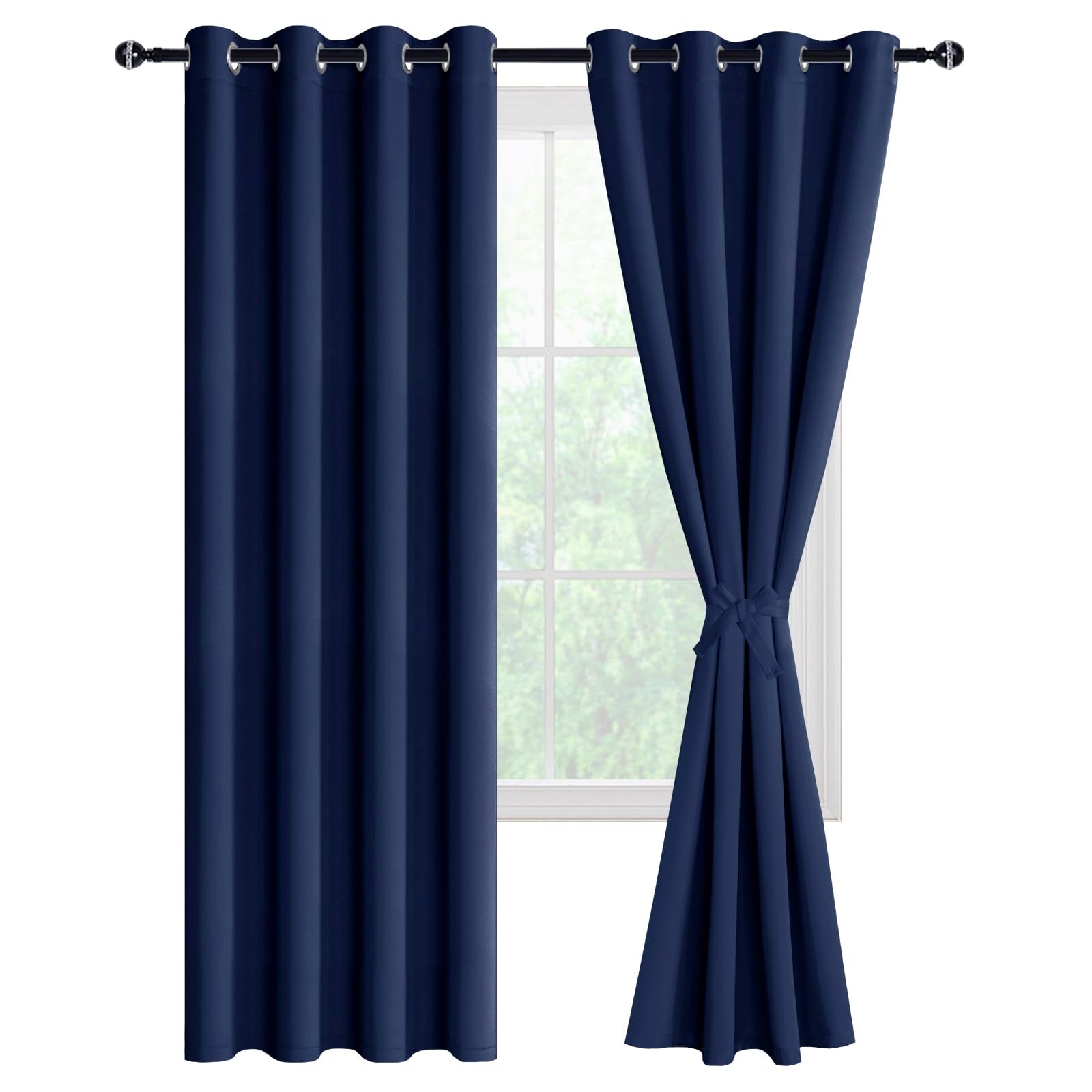 Two black blackout curtain panels with tiebacks from DWCN Official, designed to block light and add privacy to a room.
