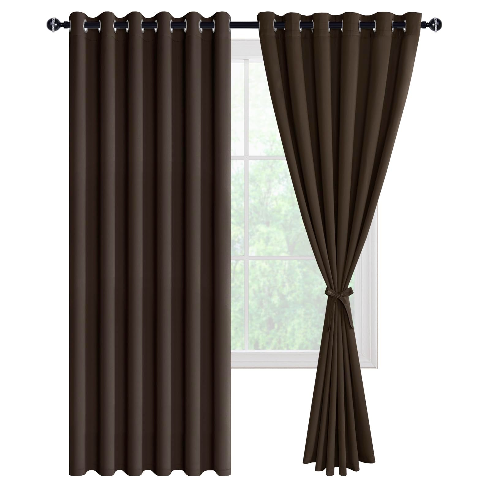 Set of two DWCN blackout curtains with tiebacks, 100% blackout fabric, ideal for blocking light and enhancing privacy.