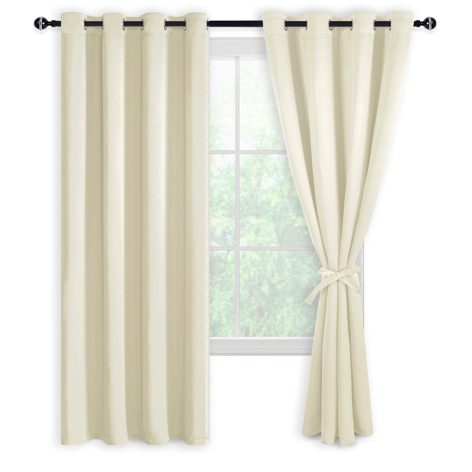 Pair of DWCN black blackout curtains with tiebacks, set of 2 panels, featuring dark, opaque fabric for light blocking and privacy