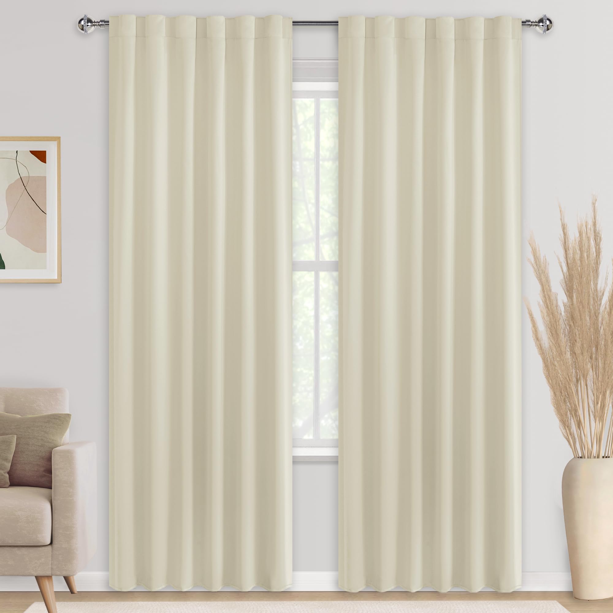 Pair of DWCN Official black blackout curtains with tiebacks, rod pocket and back tab design, set of 2 panels.