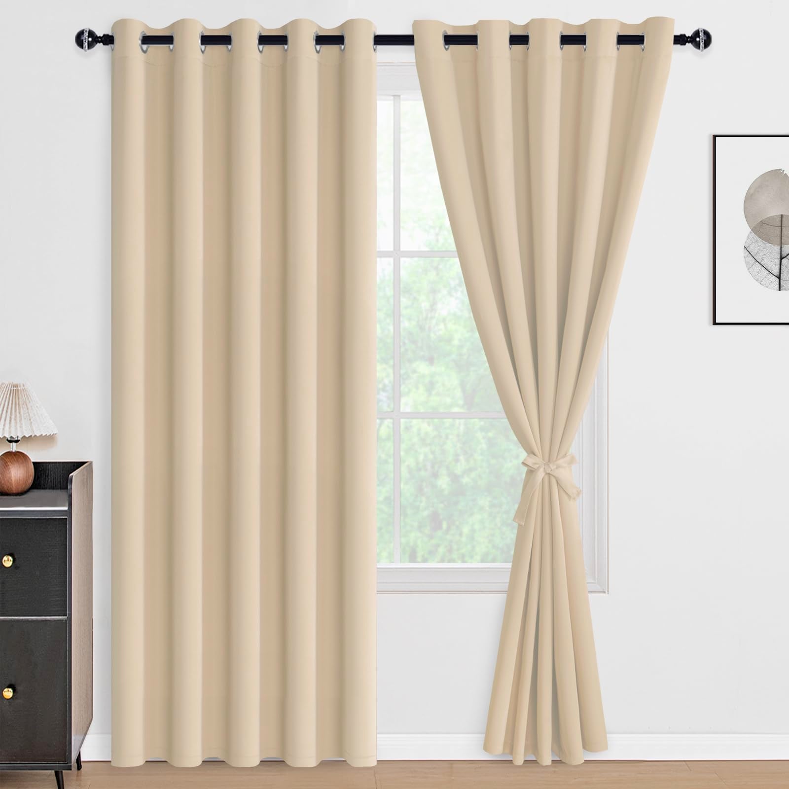Set of two DWCN blackout curtains with tiebacks, double-panel window treatment in solid black fabric for light blocking and privacy.