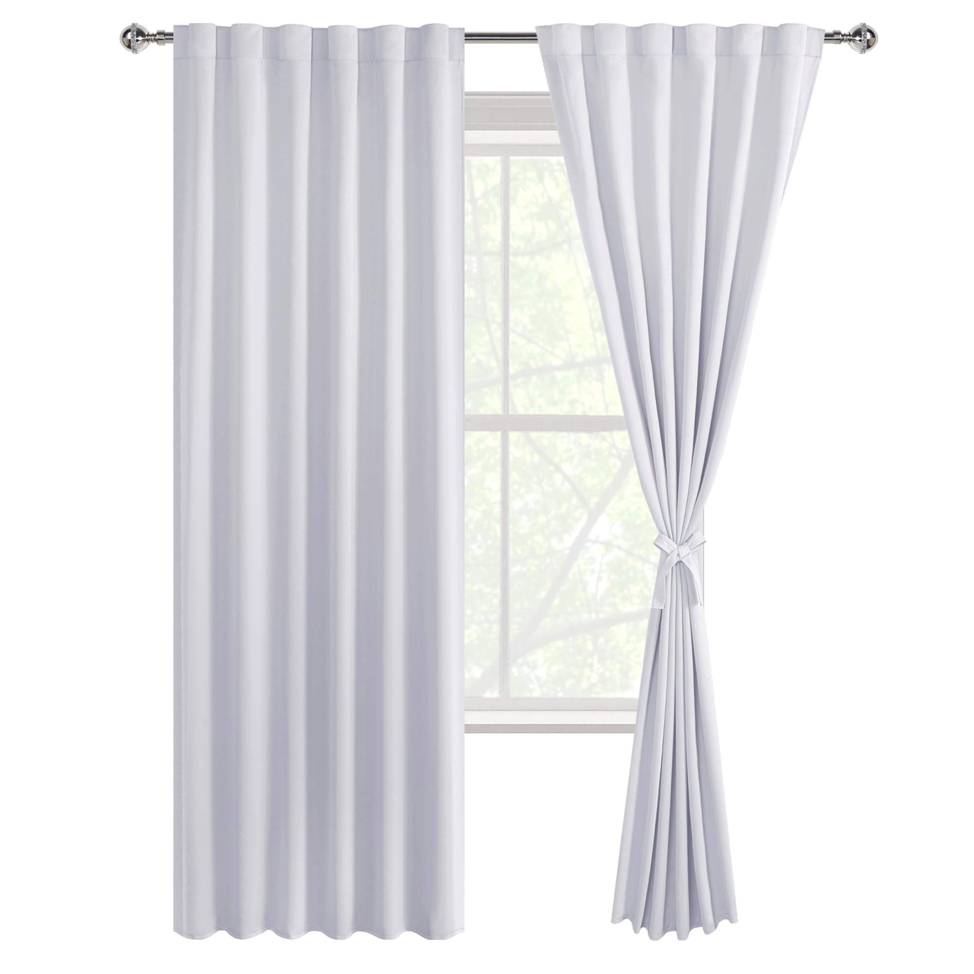 Set of two DWCN Official blackout curtains with tiebacks, rod pocket and back tab design, in black fabric.