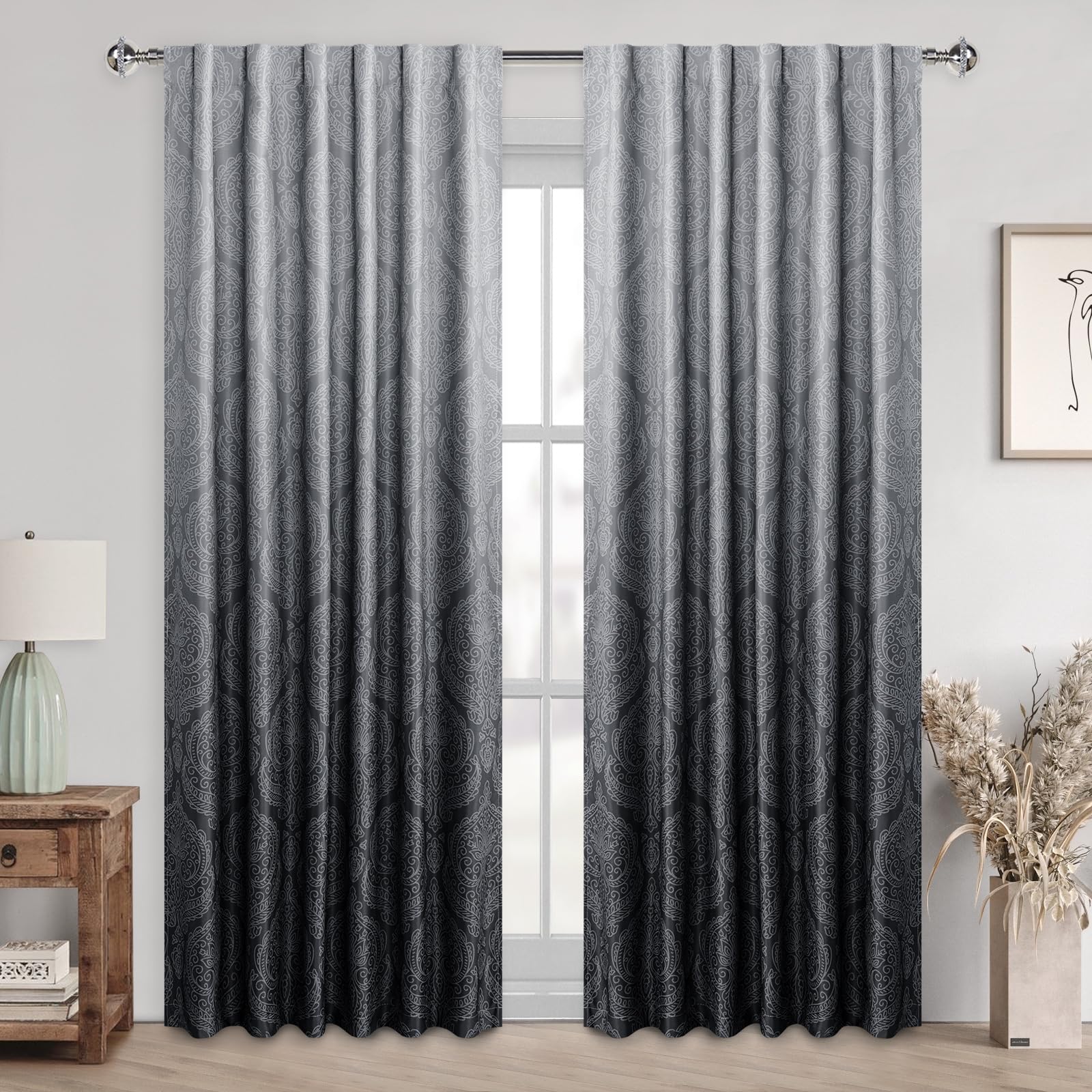 Set of two DWCN Official blackout curtains with ombre black design and tiebacks, ideal for blocking light and adding style to rooms.