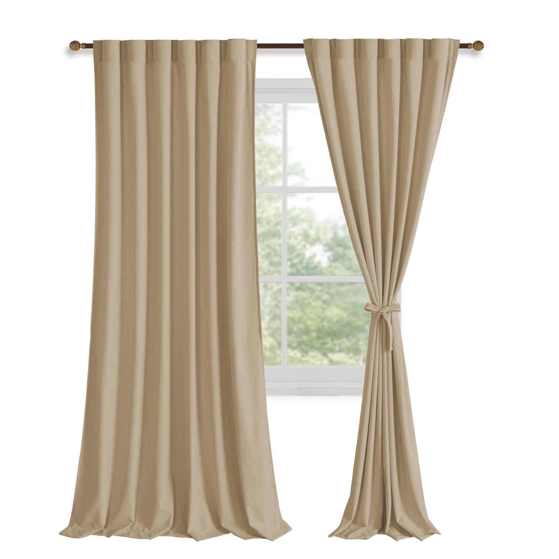 DWCN Velvet Curtains, 2 panels with rod pocket and back tab, shown hanging in a stylish window setting.