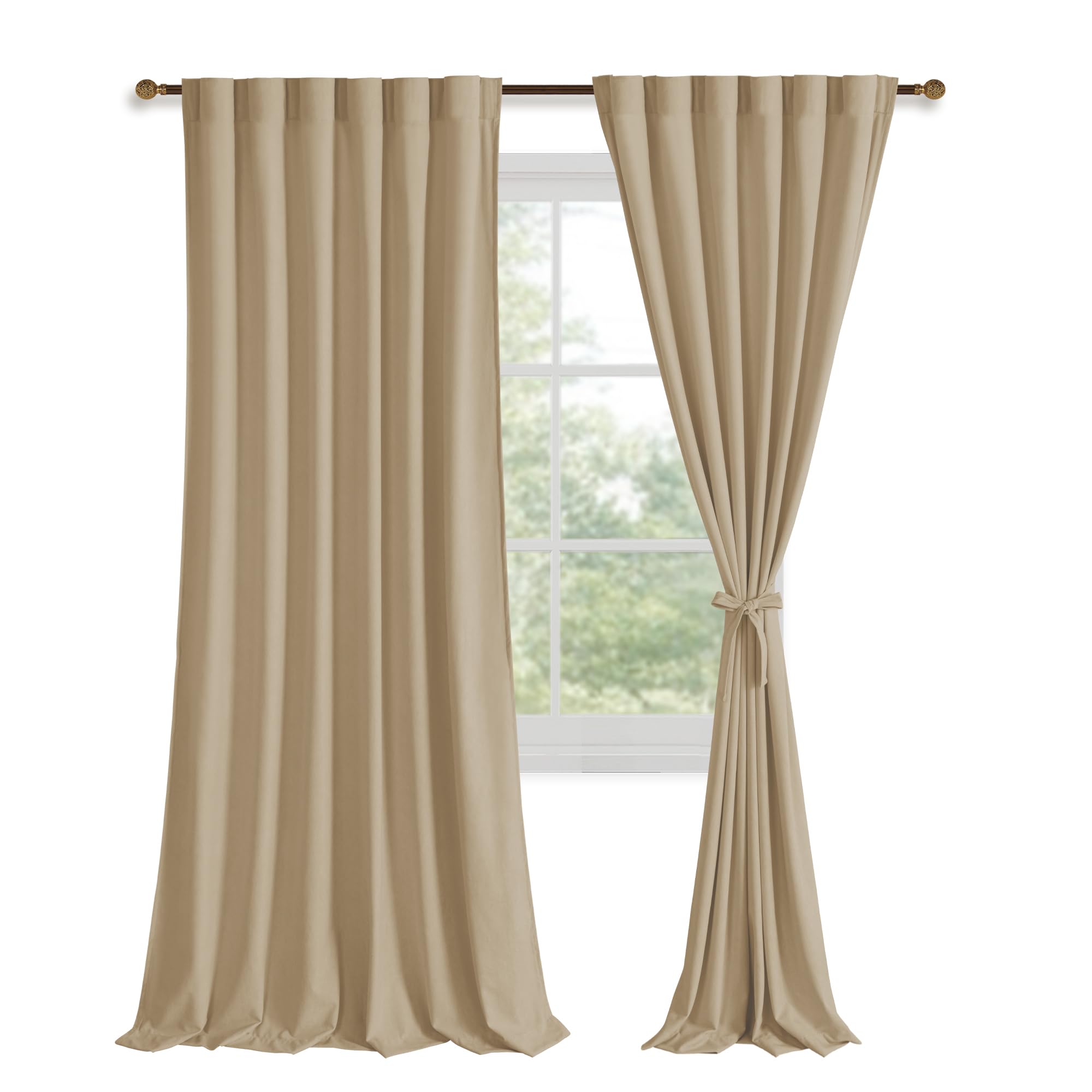 DWCN Velvet Curtains, 2 panels with rod pocket and back tab, shown hanging in a stylish window setting.