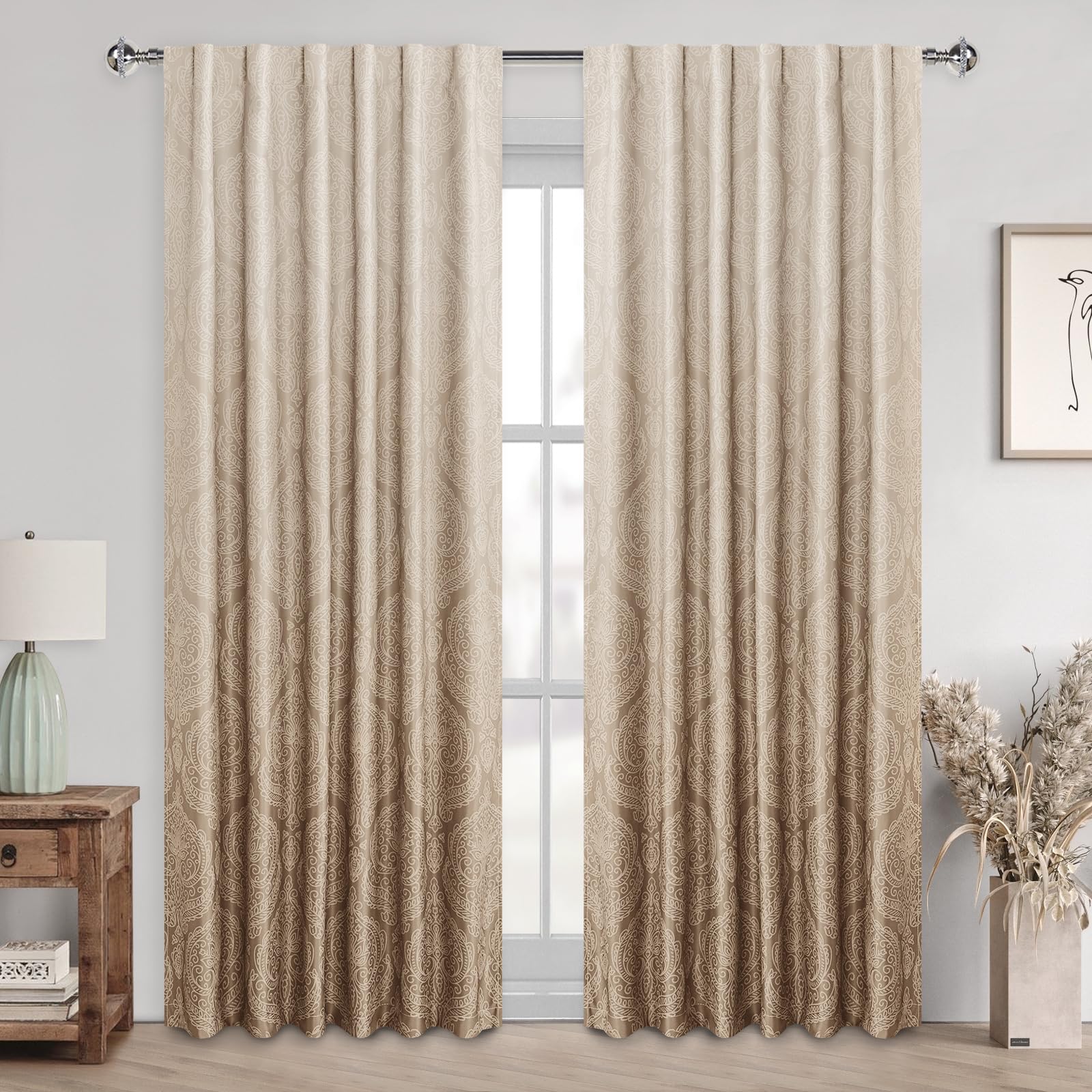 Set of two DWCN Official black blackout curtains with ombre design and tiebacks, hanging in a stylish window display.