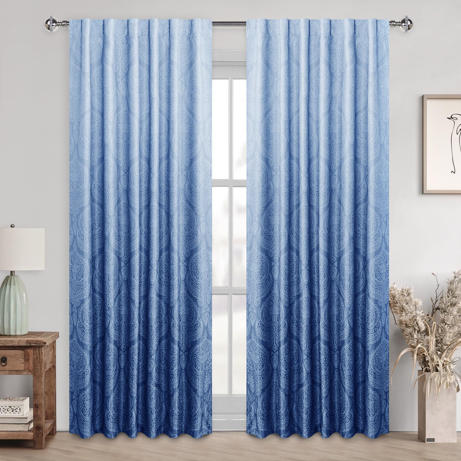 DWCN Official black blackout curtains with ombre design and tiebacks, set of 2 panels hanging on a window, stylish home decor.