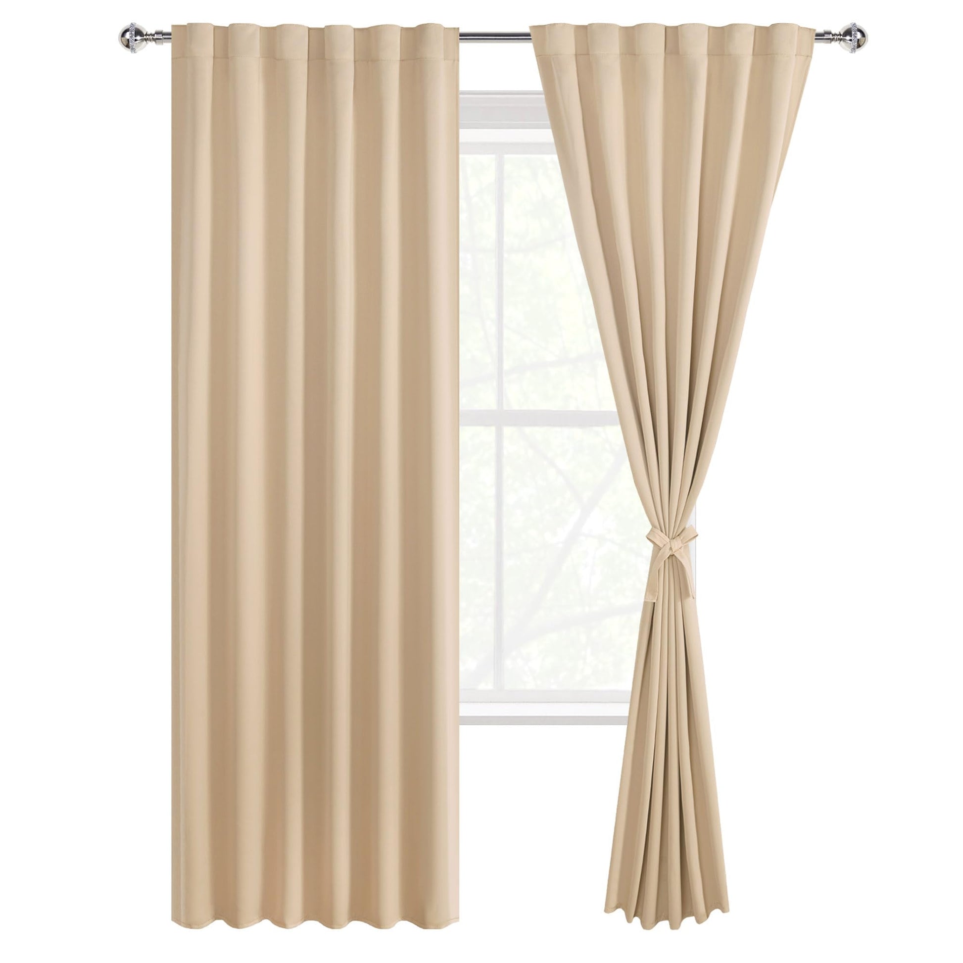 Set of two DWCN Blackout Curtains with tiebacks, rod pocket and back tab design, black fabric for light blocking and privacy.