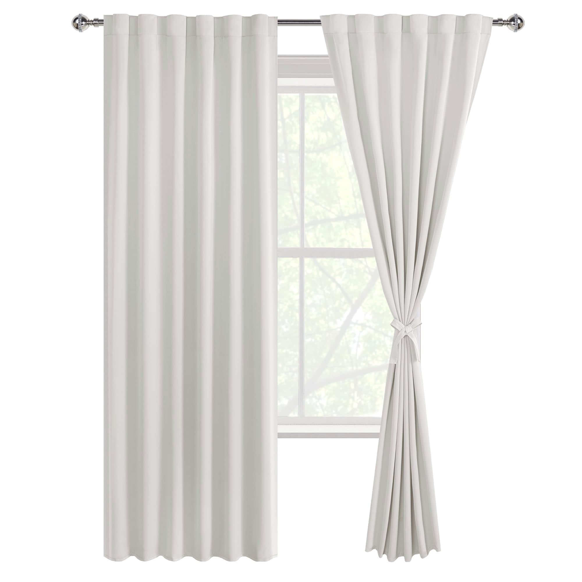 Set of two DWCN Blackout Curtains with tiebacks, rod pocket and back tab design, shown hanging on a window.