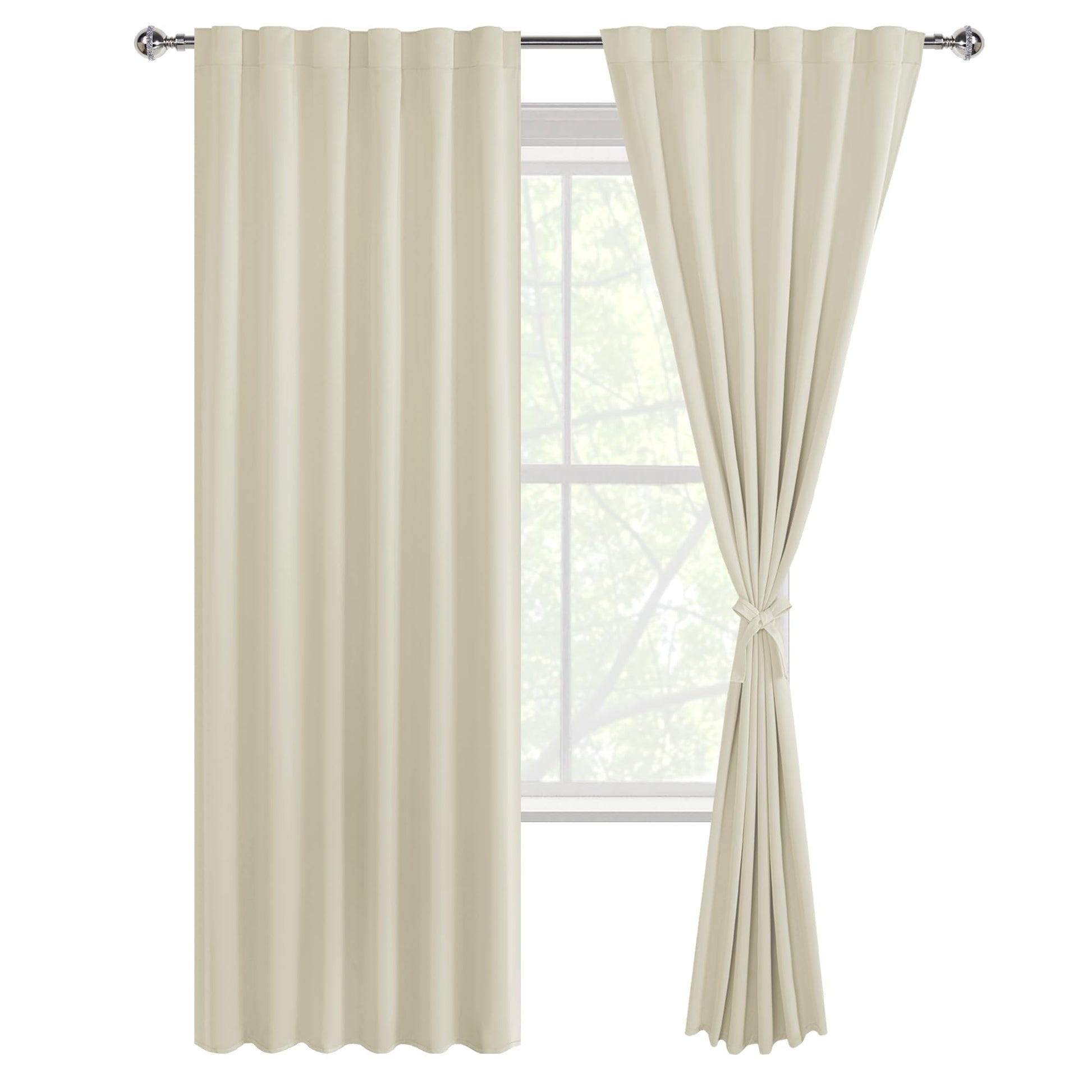 DWCN Blackout curtains with tiebacks, rod pocket and back tab design, set of 2 panels, in black fabric hanging on a window.