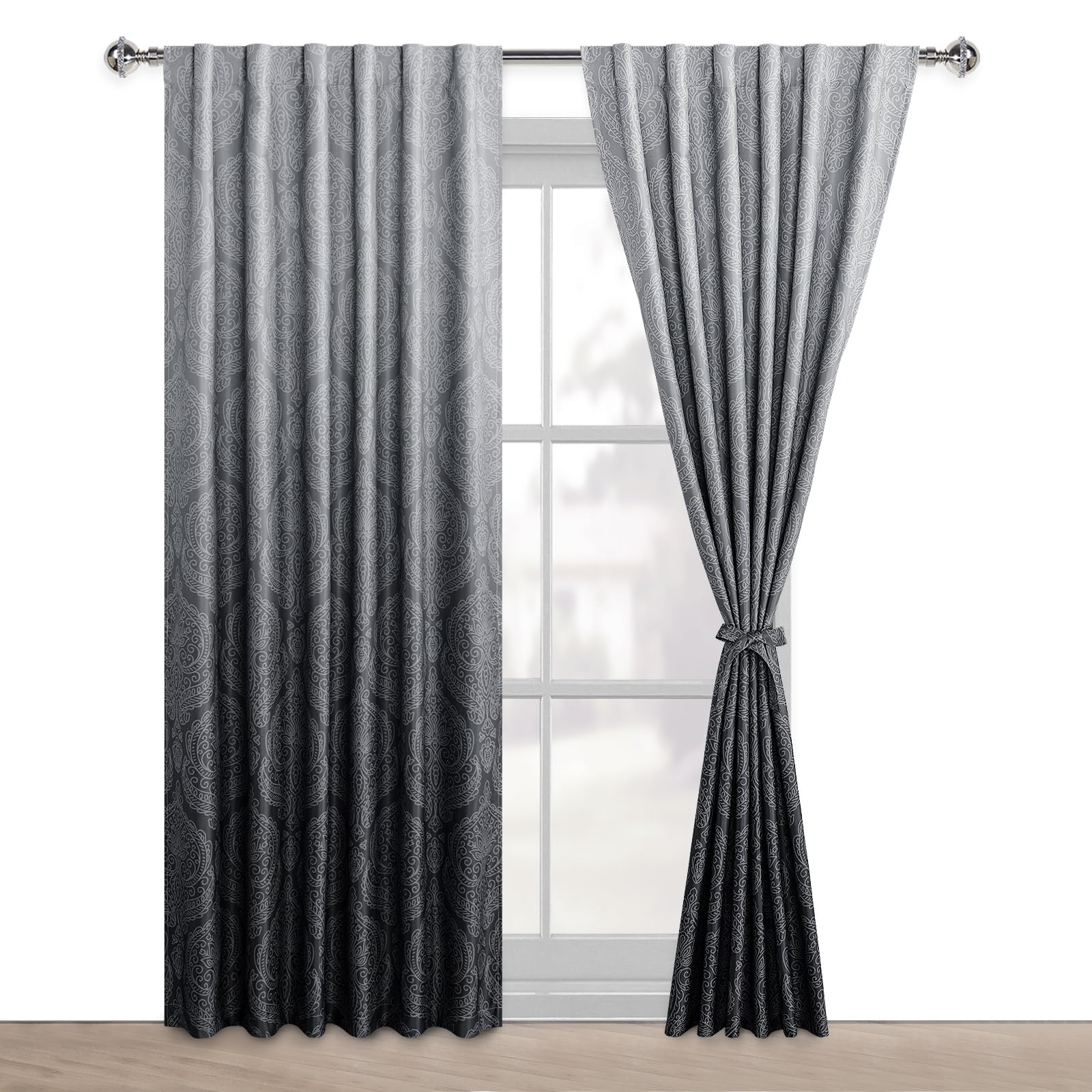 Pair of DWCN Official ombre blackout curtains with tiebacks, featuring a dark gradient design and elegant fabric panels.