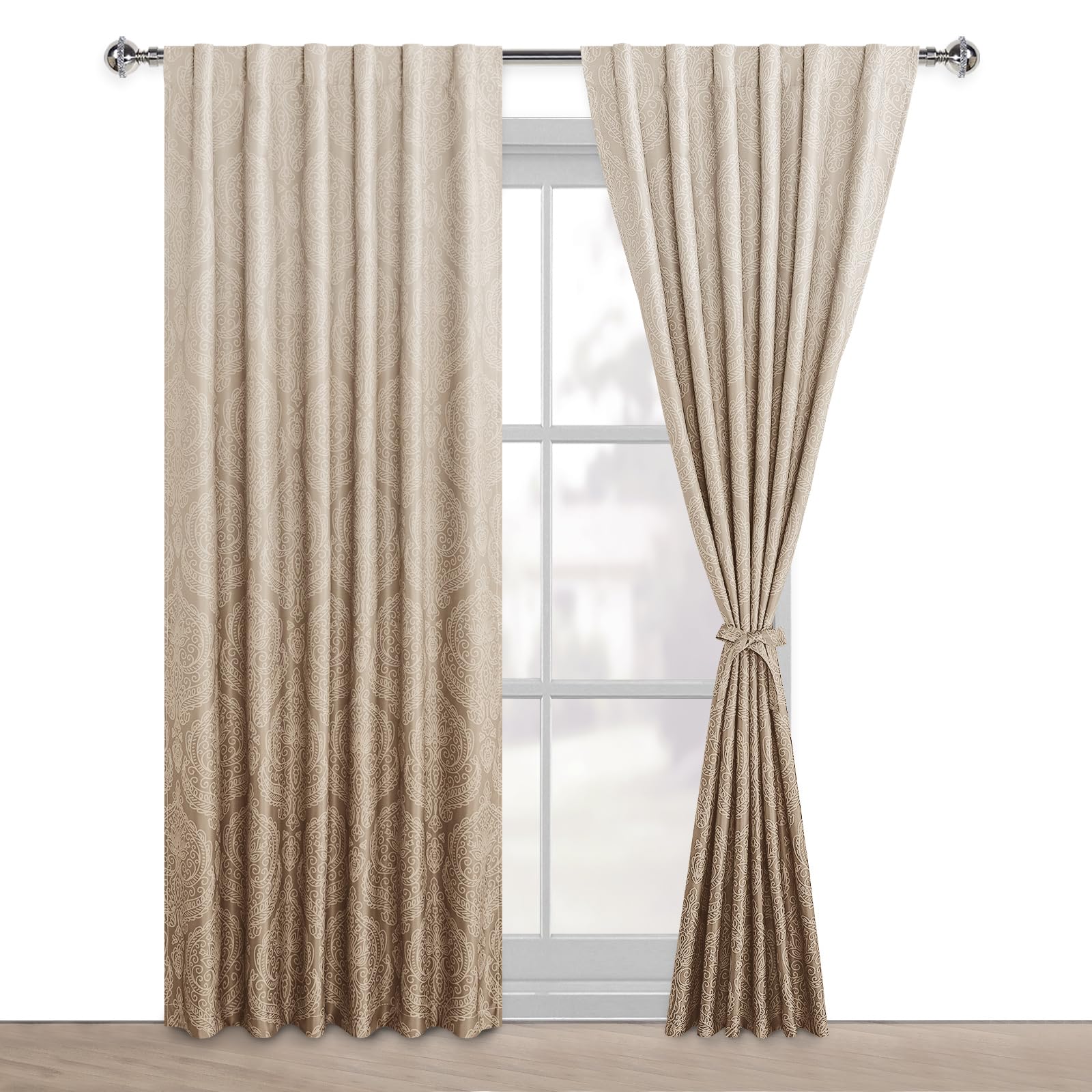 Two DWCN Official blackout curtains with ombre black design and tiebacks, set of 2 panels for stylish window coverage.