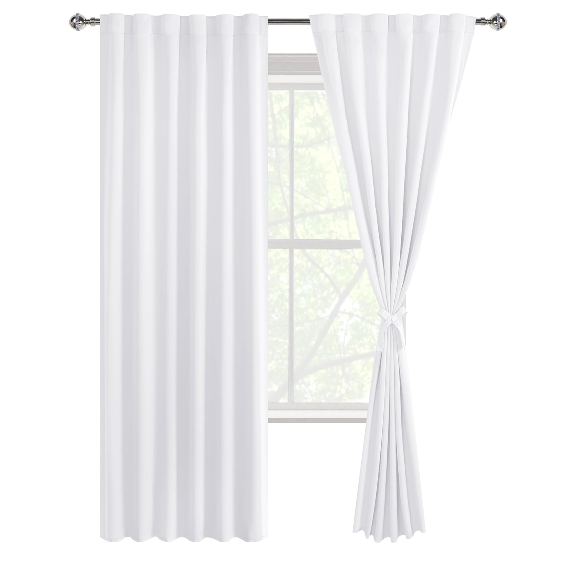 Pair of black DWCN blackout curtains with tiebacks, rod pocket and back tab design, set of two panels hanging on a window.