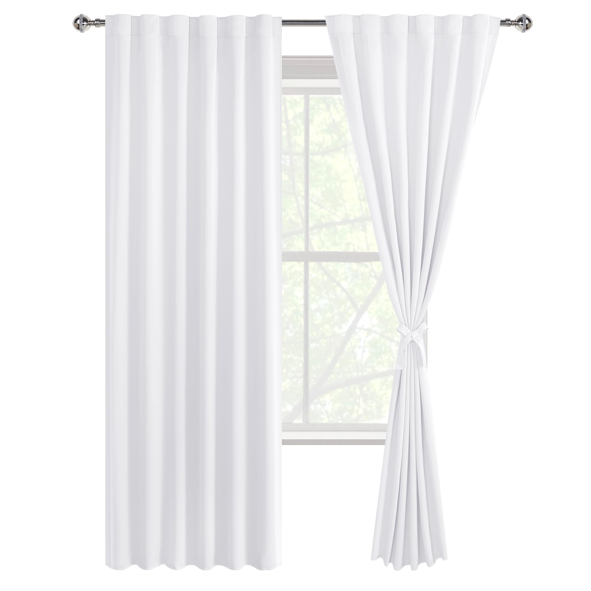 Pair of black DWCN blackout curtains with tiebacks, rod pocket and back tab design, set of two panels hanging on a window.