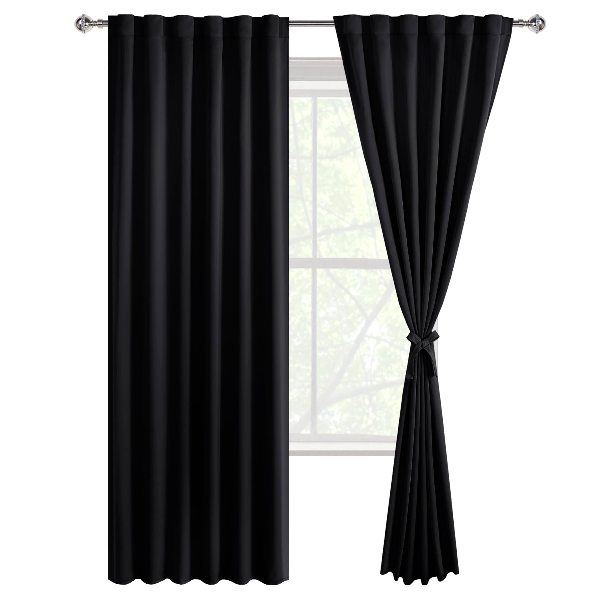 DWCN blackout curtains with tiebacks, rod pocket and back tab design, set of 2 panels for bedroom or living room window coverage.