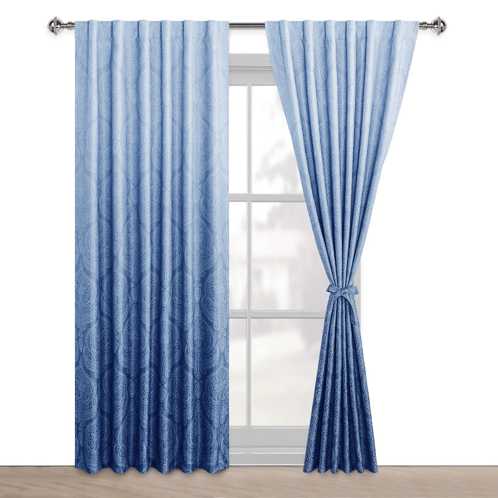 Set of two DWCN Official Ombre Blackout Curtains with tiebacks, showcasing their gradient black fabric and elegant design.