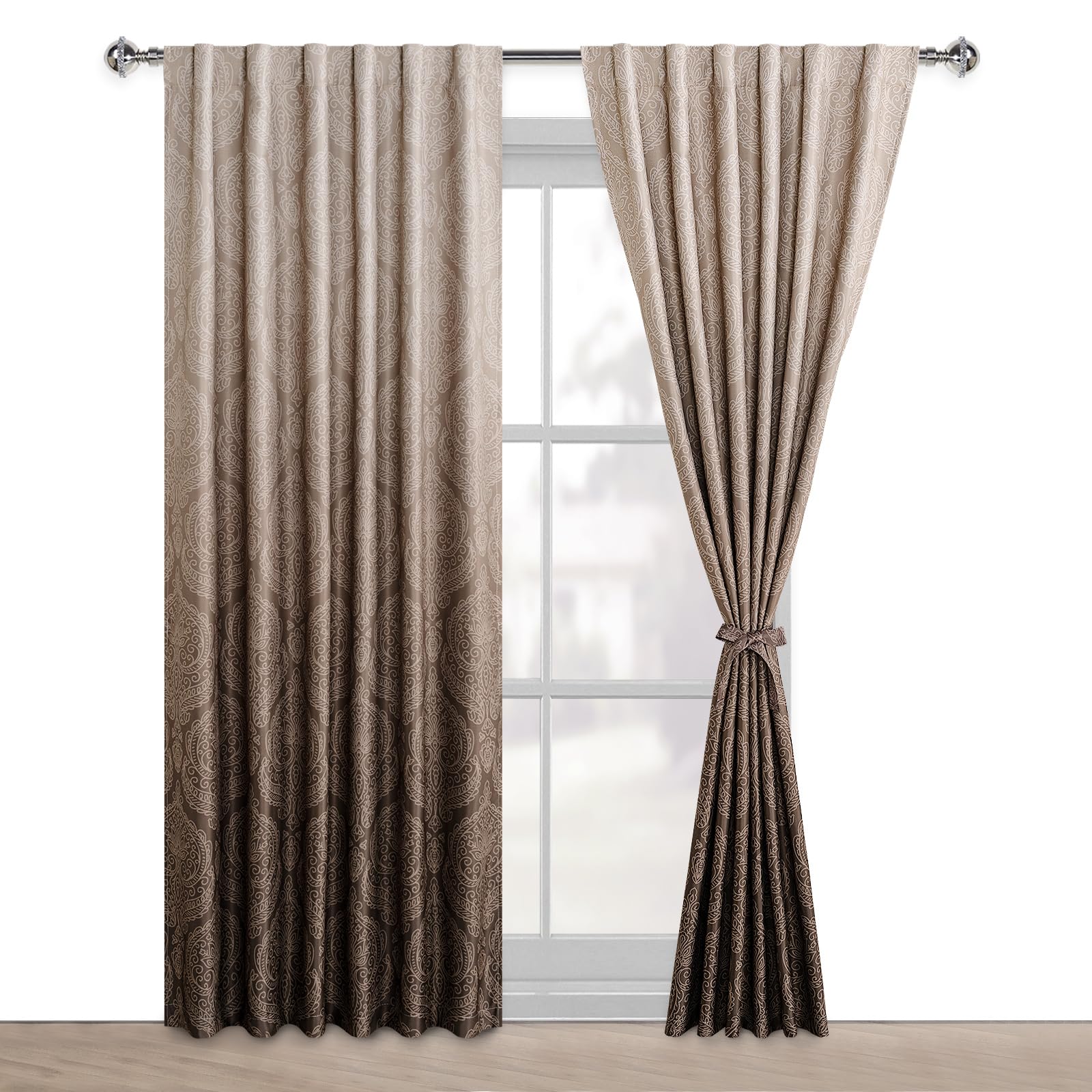 Set of two DWCN Official ombre blackout curtains with tiebacks, featuring a stylish black fade design and window coverage.