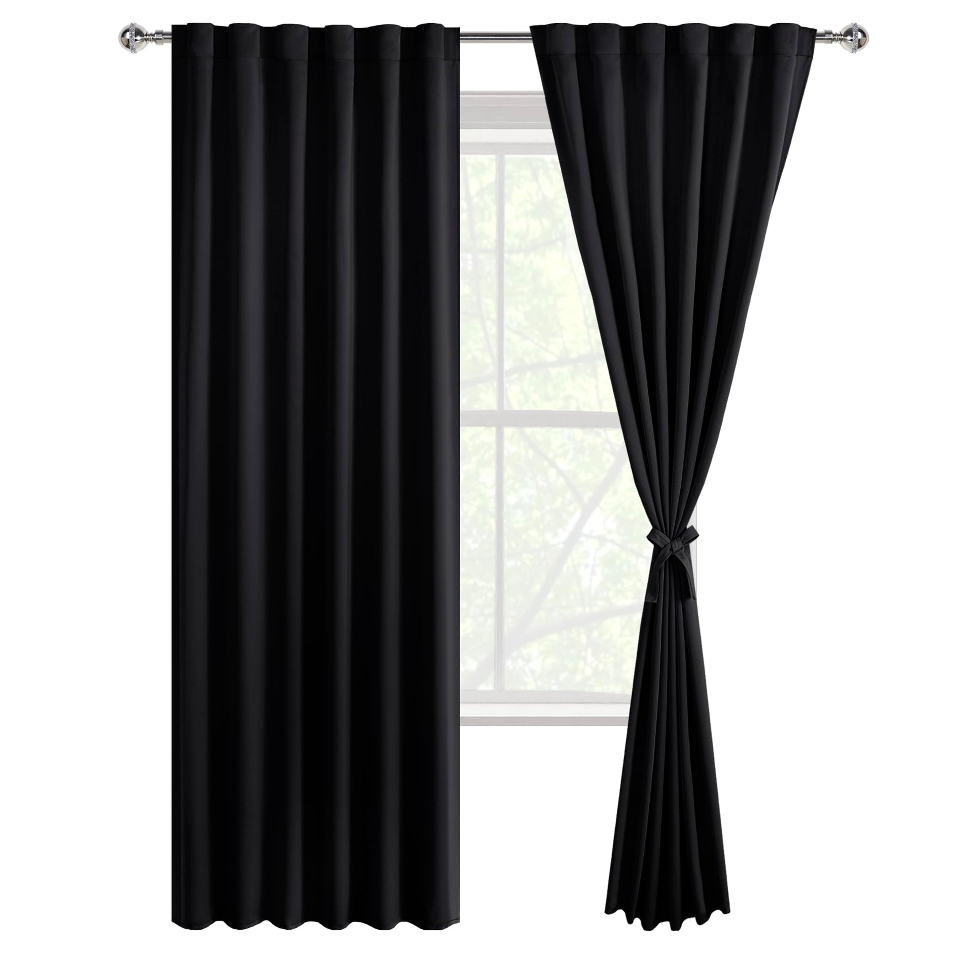 DWCN black blackout curtains with tiebacks, rod pocket and back tab design, set of 2 panels hanging on a window.
