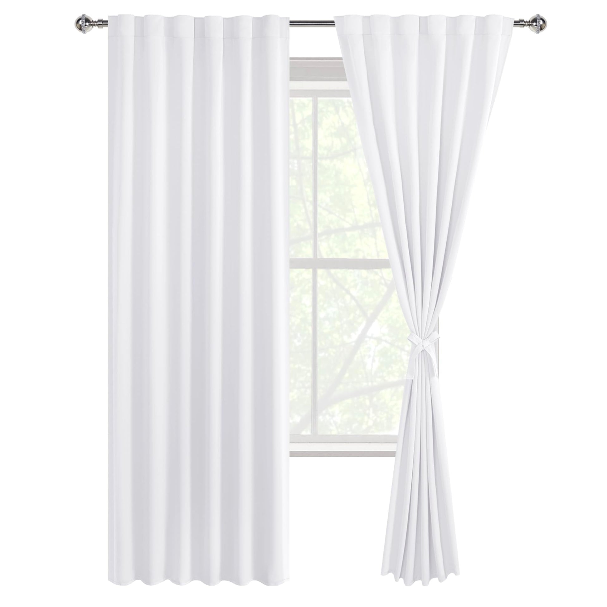 DWCN Official blackout curtains with tiebacks, rod pocket and back tab, set of 2 panels, black fabric for light blocking and privacy.