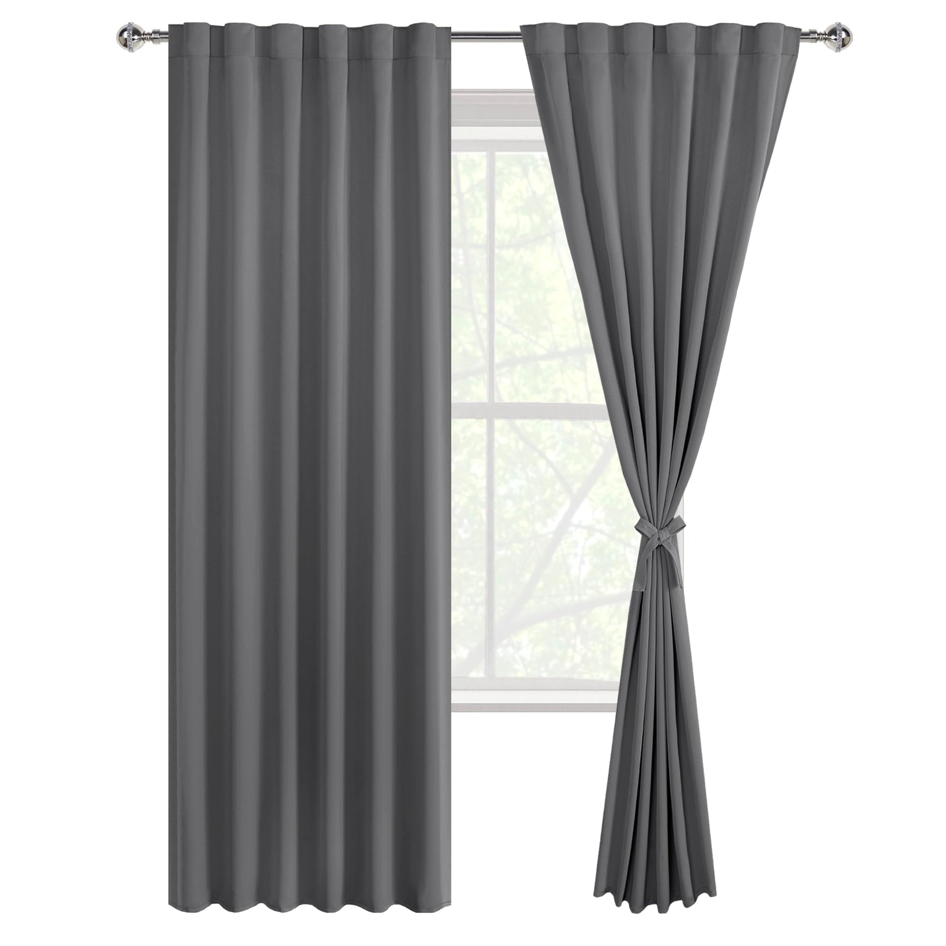 Pair of DWCN Blackout Curtains with tiebacks, rod pocket and back tab design, set of 2 panels hanging on a window.