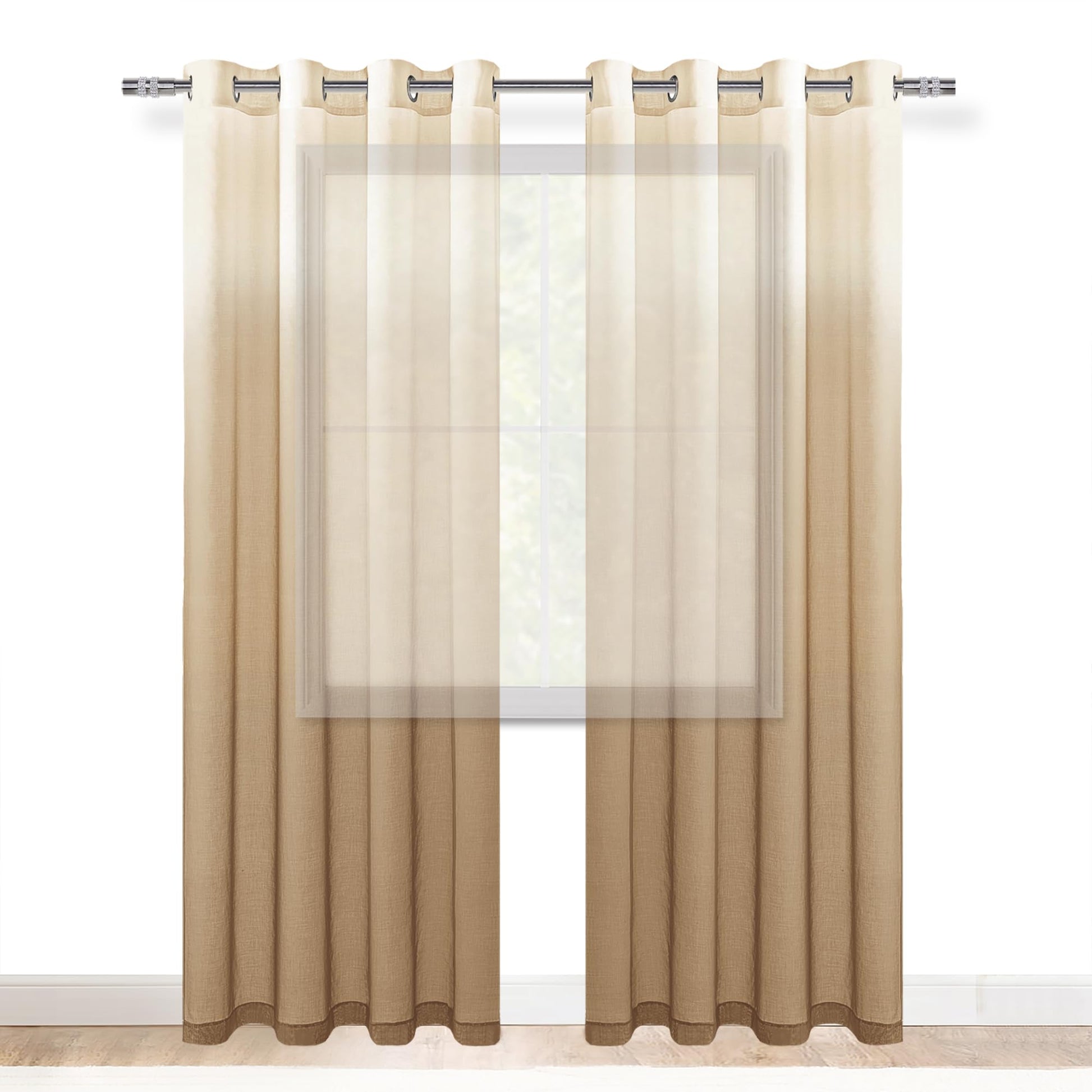 DWCN Faux Linen Ombre Sheer Curtains, set of 2 panels, featuring lightweight, semi-transparent fabric with gradient ombre design.