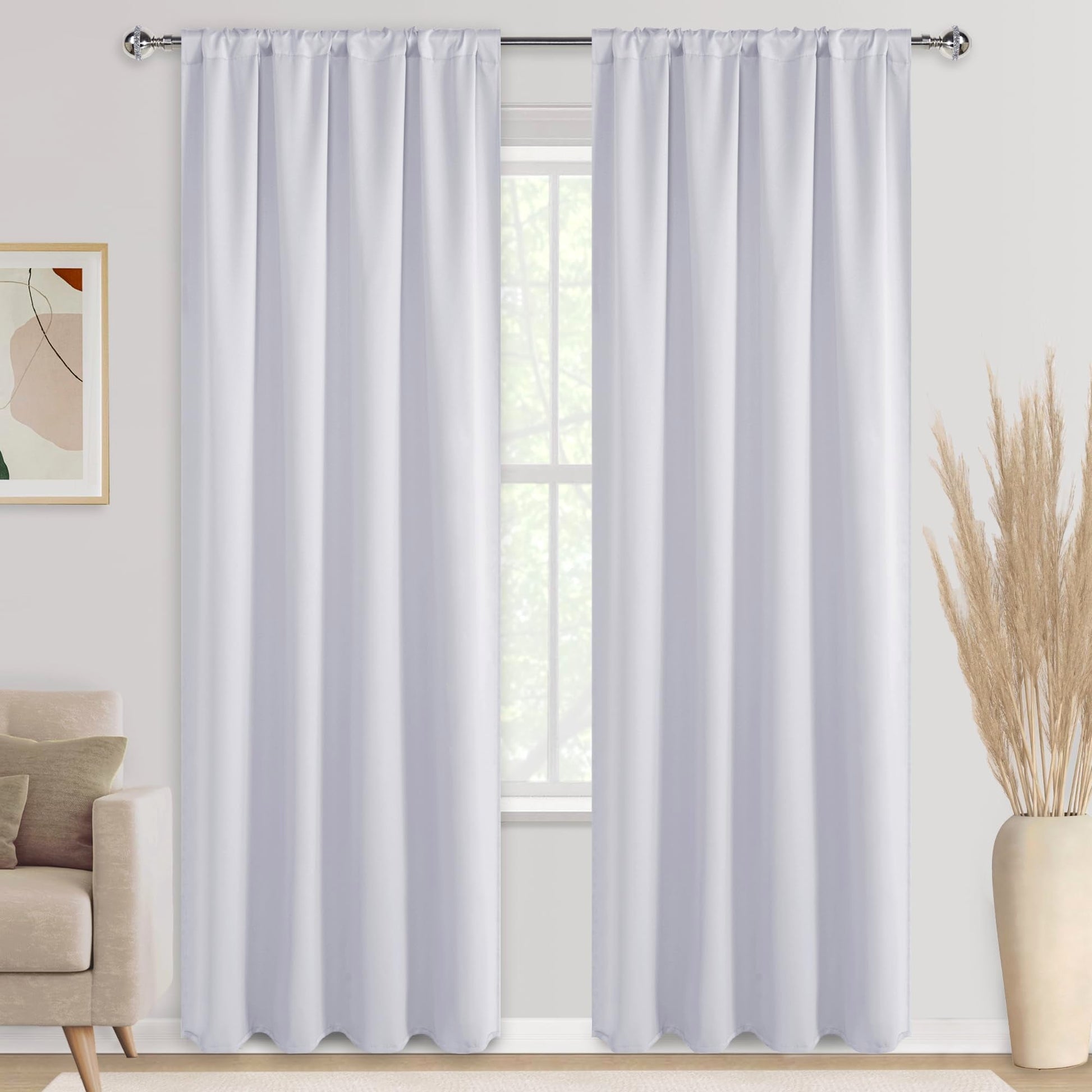 Pair of DWCN Blackout Curtains with tiebacks, rod pocket and back tab design, set of two panels, in black fabric.
