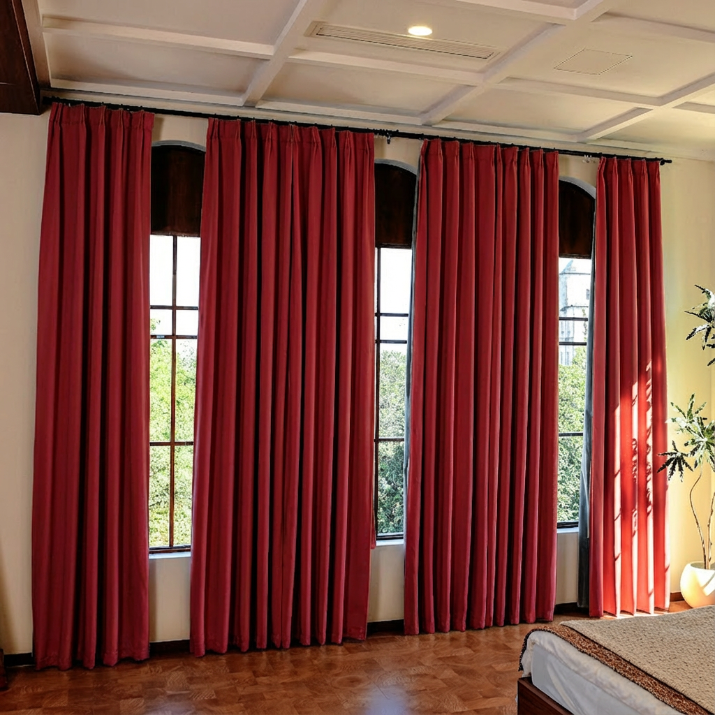 Red custom luxury silk-fiber blackout curtains by DWCN Official hanging on a window, showcasing their rich color and elegant fabric.
