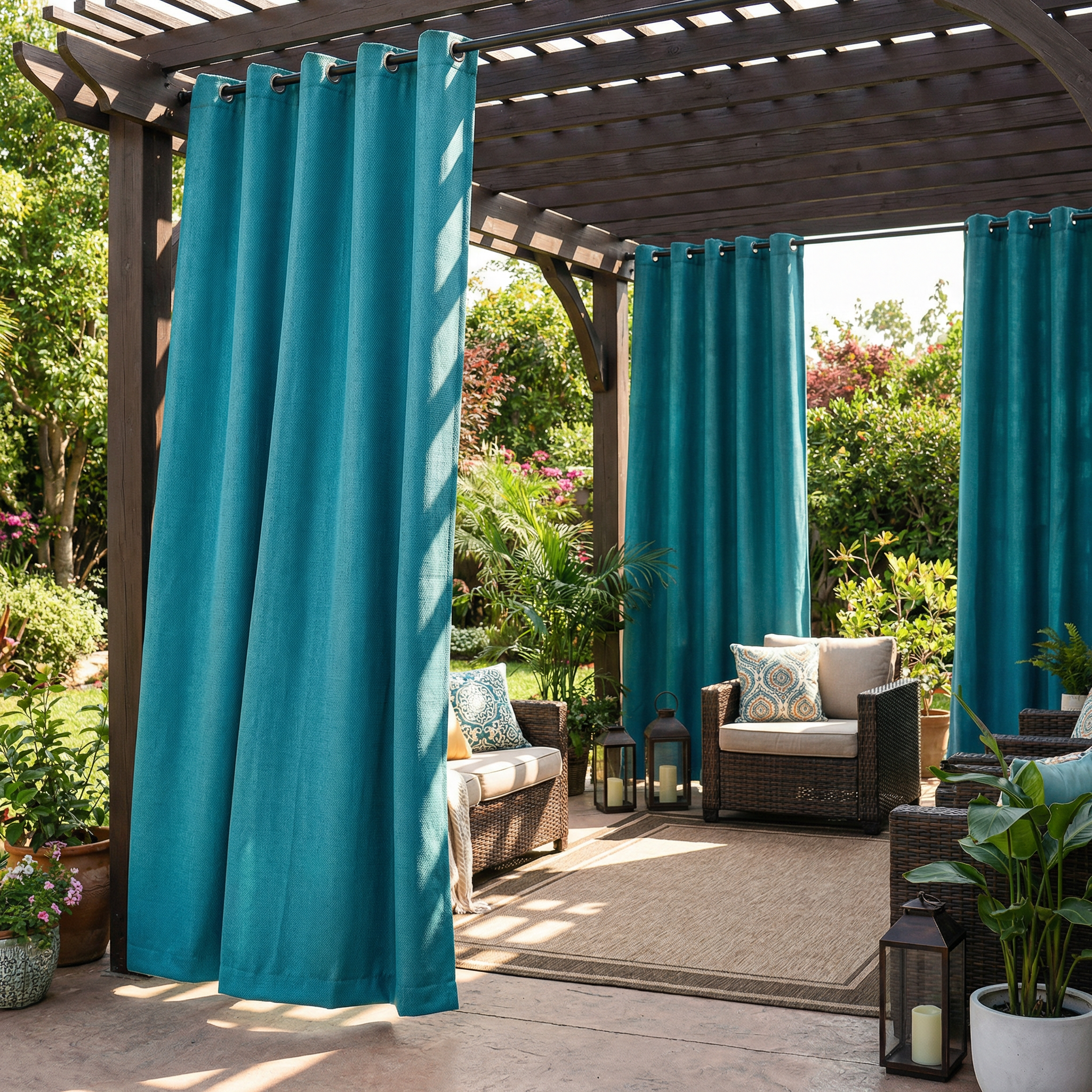 Turquoise waterproof grommet top outdoor curtain by DWCN Official hanging on a patio, weather-resistant fabric for outdoor privacy.