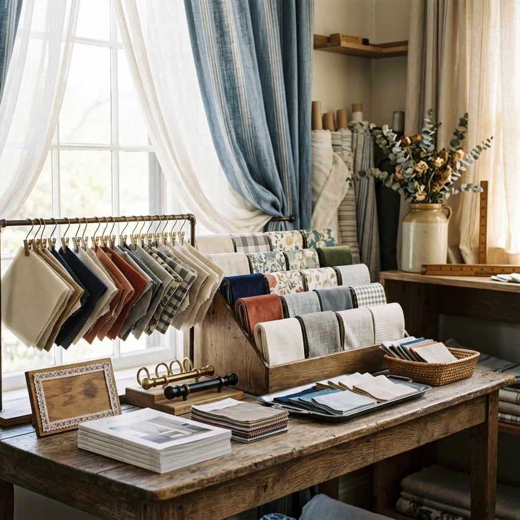 Curtain fabric swatches for custom drapes, showing neutral, blue, floral, plaid, and textured materials for personalized window treatments.